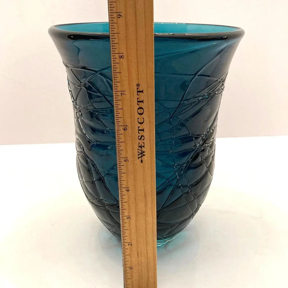 Vintage Hand Blown Threaded Thick Art Glass Vase 8.5